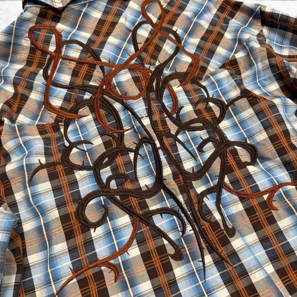Panhandle Slim Large Shirt Western Texas Plaid Blue Brown Pearl Snaps 90 Proof - Picture 13 of 13